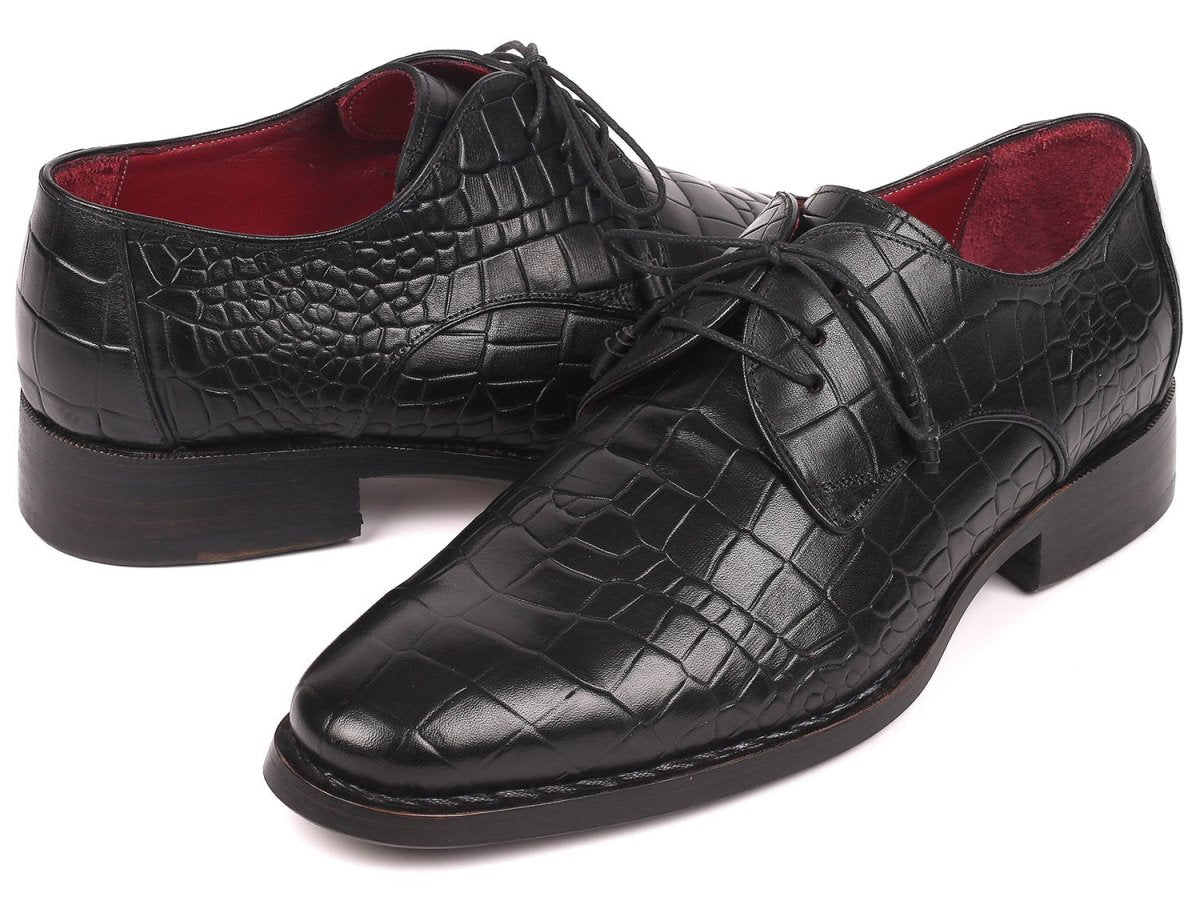 Paul Parkman Black Crocodile Embossed Calfskin Goodyear Welted Derby Shoes (ID5254BLK)