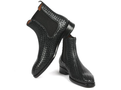Paul Parkman Black Woven Leather Chelsea Boots (ID92WN87 BLK)