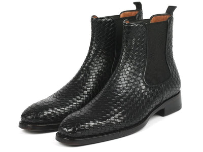 Paul Parkman Black Woven Leather Chelsea Boots (ID92WN87 BLK)