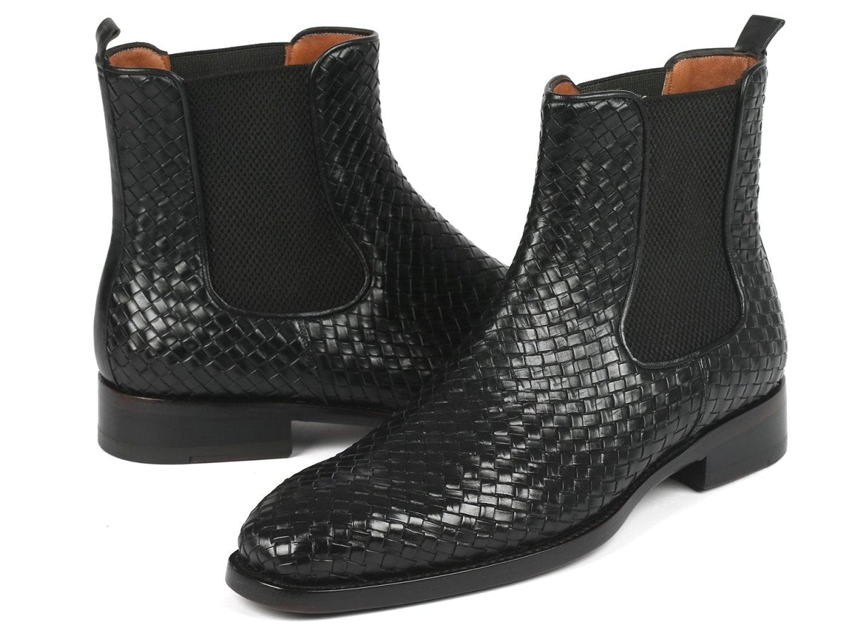 Paul Parkman Black Woven Leather Chelsea Boots (ID92WN87 BLK)
