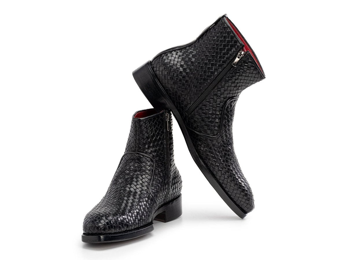 Paul Parkman Black Woven Leather Goodyear Welted Zipper Boots (IDBT269BLK)