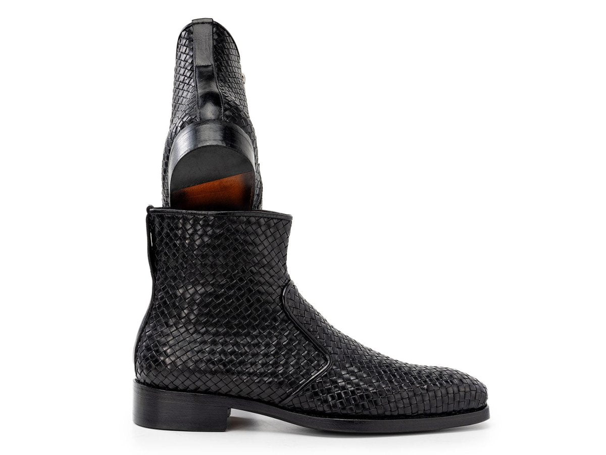 Paul Parkman Black Woven Leather Goodyear Welted Zipper Boots (IDBT269BLK)