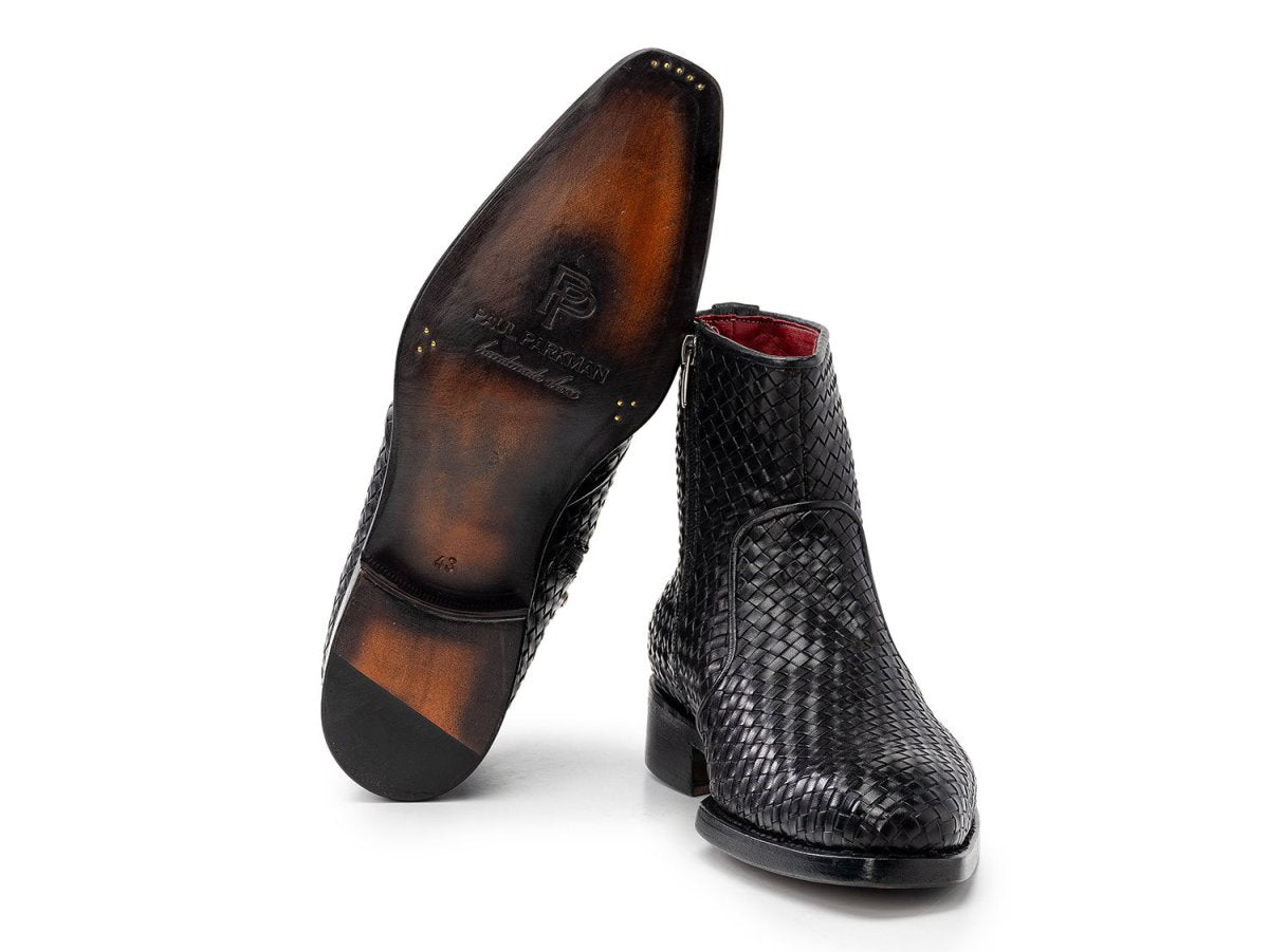 Paul Parkman Black Woven Leather Goodyear Welted Zipper Boots (IDBT269BLK)