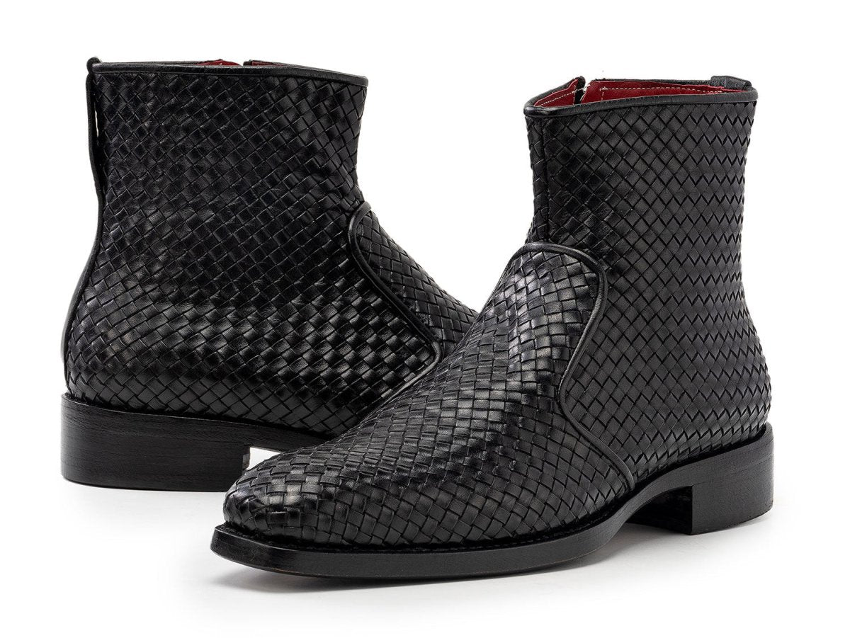 Paul Parkman Black Woven Leather Goodyear Welted Zipper Boots (IDBT269BLK)