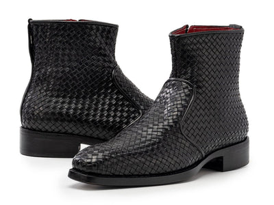 Paul Parkman Black Woven Leather Goodyear Welted Zipper Boots (IDBT269BLK)