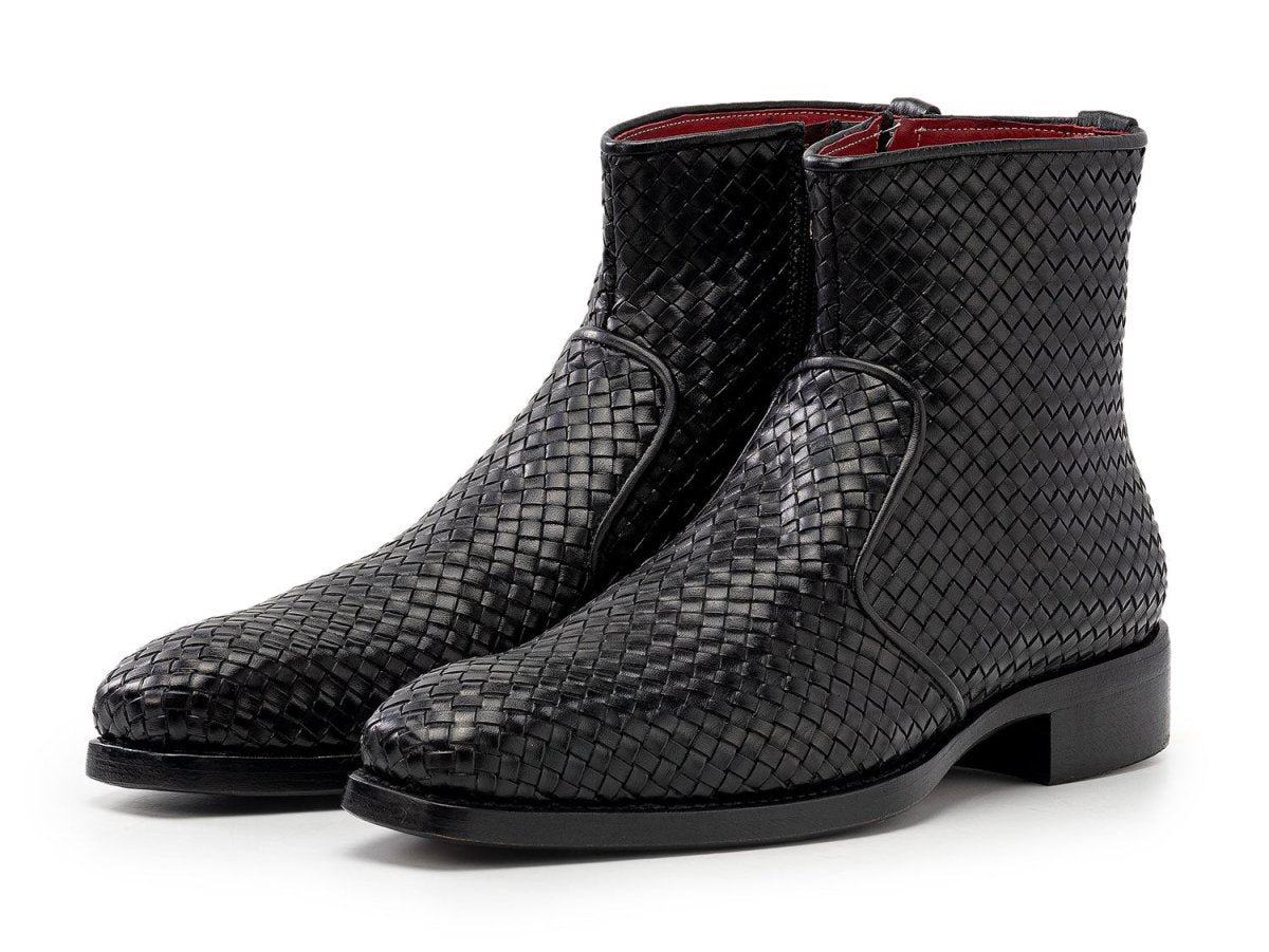Paul Parkman Black Woven Leather Goodyear Welted Zipper Boots (IDBT269BLK)