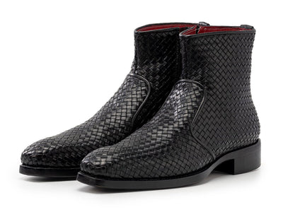 Paul Parkman Black Woven Leather Goodyear Welted Zipper Boots (IDBT269BLK)