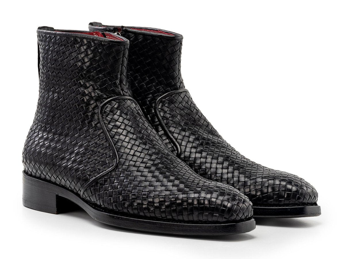 Paul Parkman Black Woven Leather Goodyear Welted Zipper Boots (IDBT269BLK)