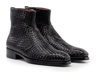 Paul Parkman Black Woven Leather Goodyear Welted Zipper Boots (IDBT269BLK)