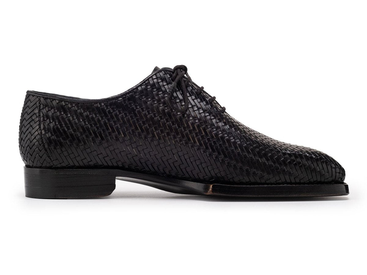 Paul Parkman Black Woven Leather Hand Welted Oxford Shoes for Men (ID144WN72)