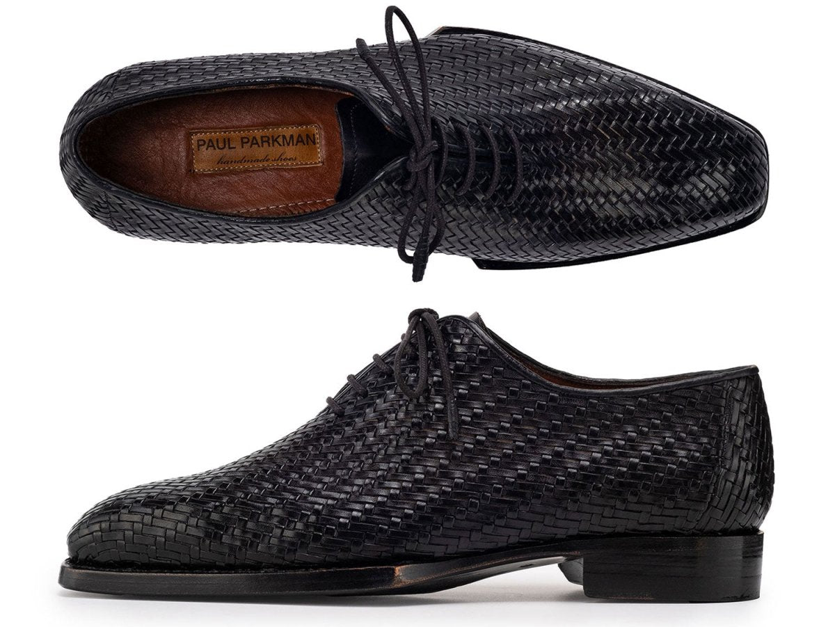 Paul Parkman Black Woven Leather Hand Welted Oxford Shoes for Men (ID144WN72)