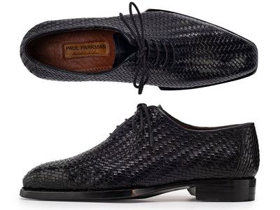 Paul Parkman Black Woven Leather Hand Welted Oxford Shoes for Men (ID144WN72)