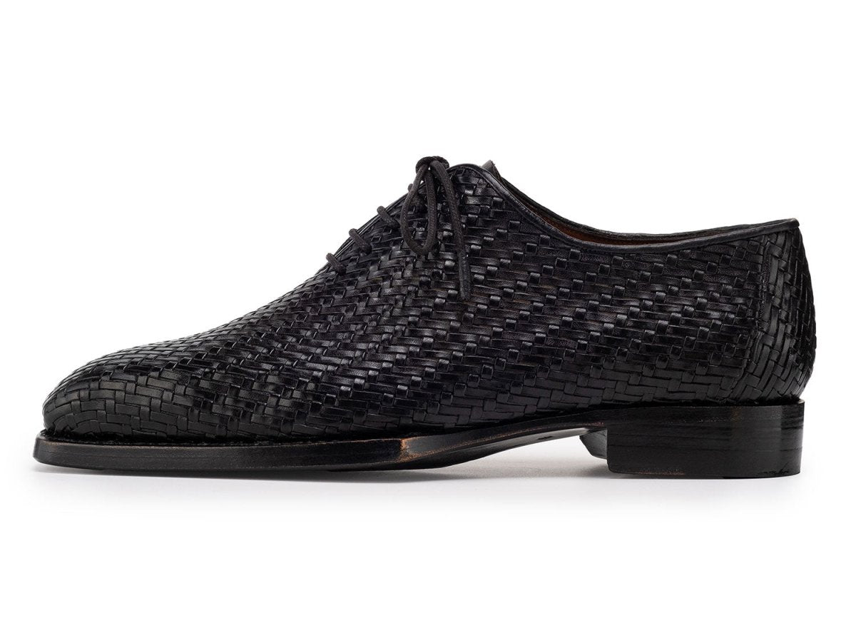 Paul Parkman Black Woven Leather Hand Welted Oxford Shoes for Men (ID144WN72)