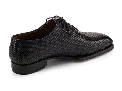 Paul Parkman Black Woven Leather Hand Welted Oxford Shoes for Men (ID144WN72)