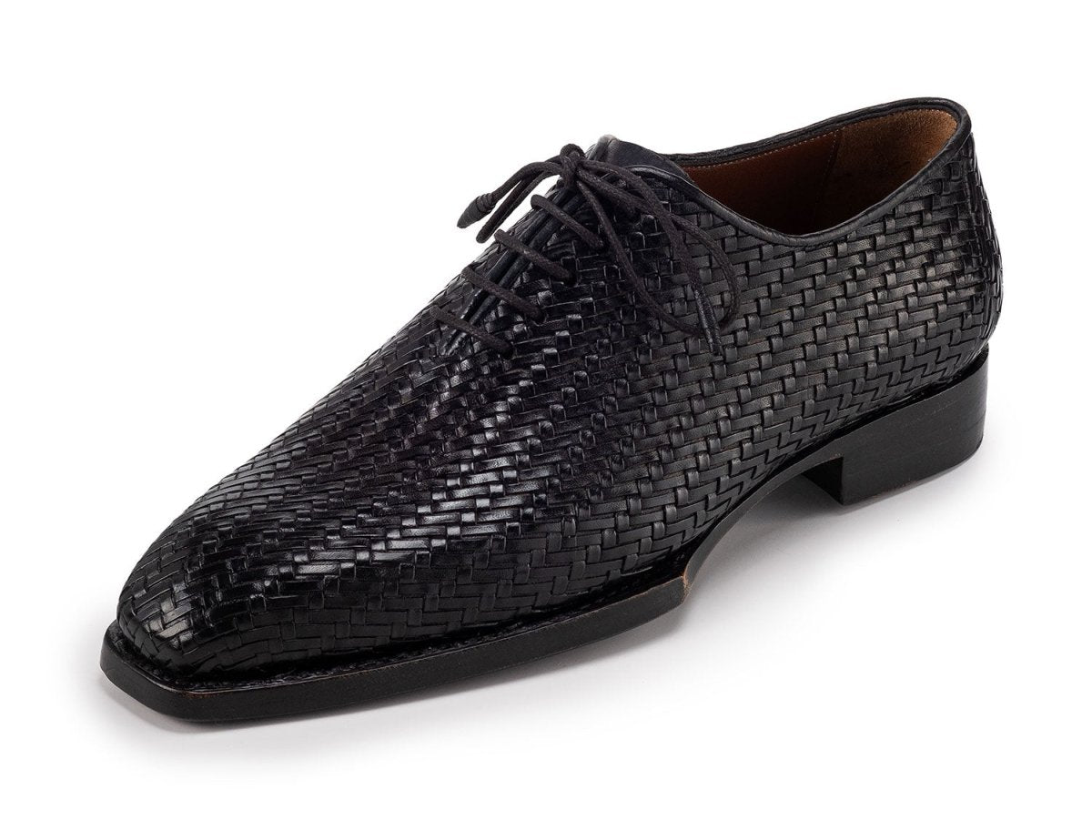 Paul Parkman Black Woven Leather Hand Welted Oxford Shoes for Men (ID144WN72)