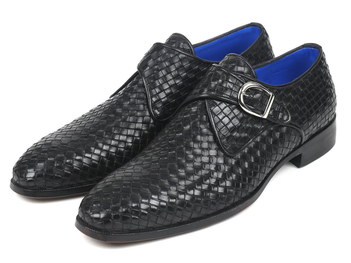 Paul Parkman Black Woven Leather Single Monkstraps (ID011WN95)