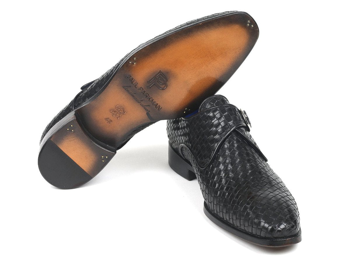 Paul Parkman Black Woven Leather Single Monkstraps (ID011WN95)