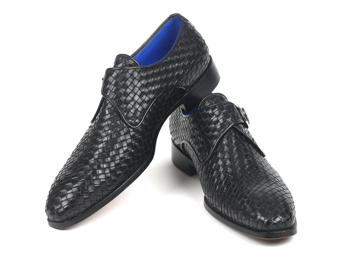 Paul Parkman Black Woven Leather Single Monkstraps (ID011WN95)