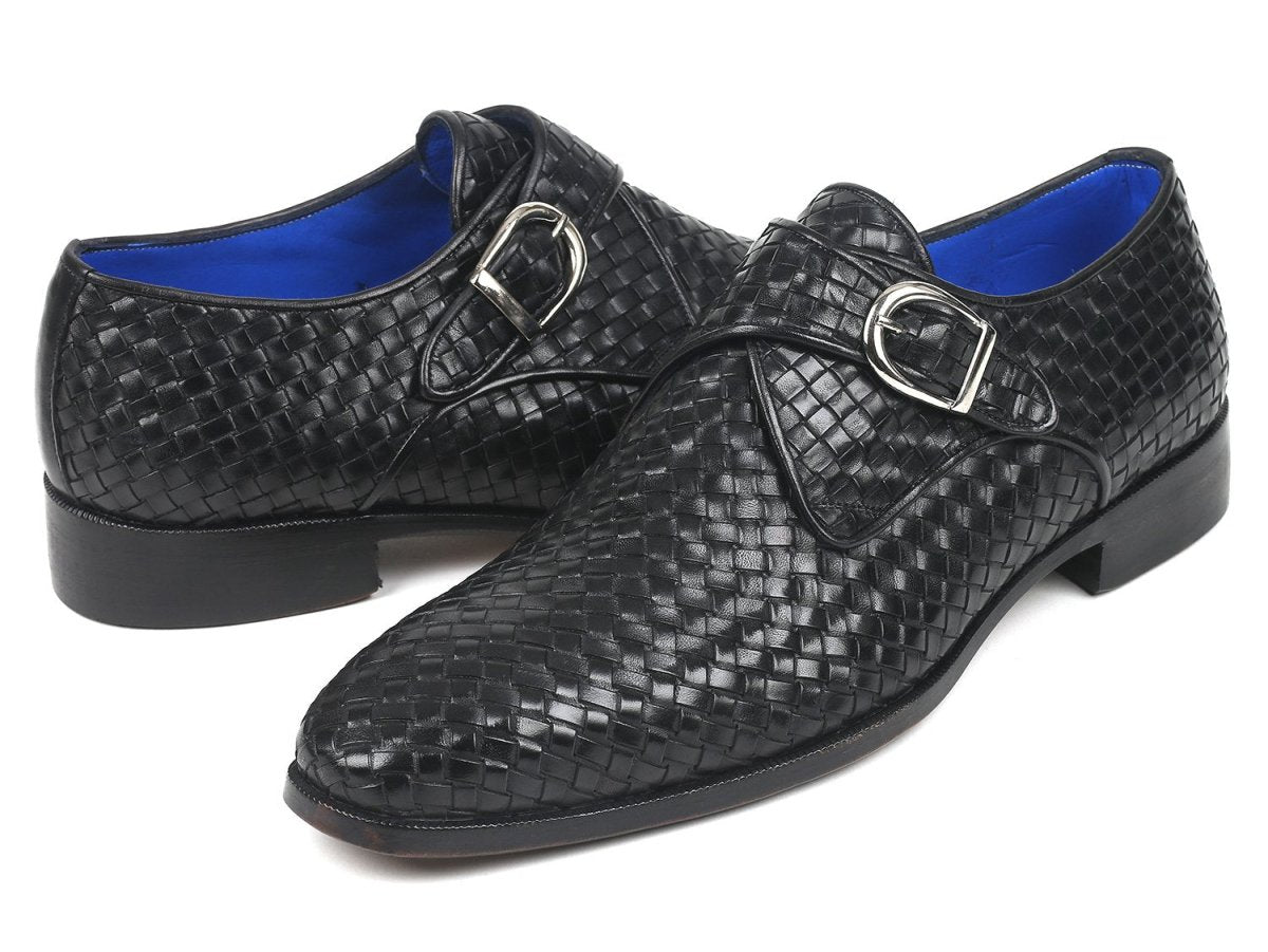 Paul Parkman Black Woven Leather Single Monkstraps (ID011WN95)