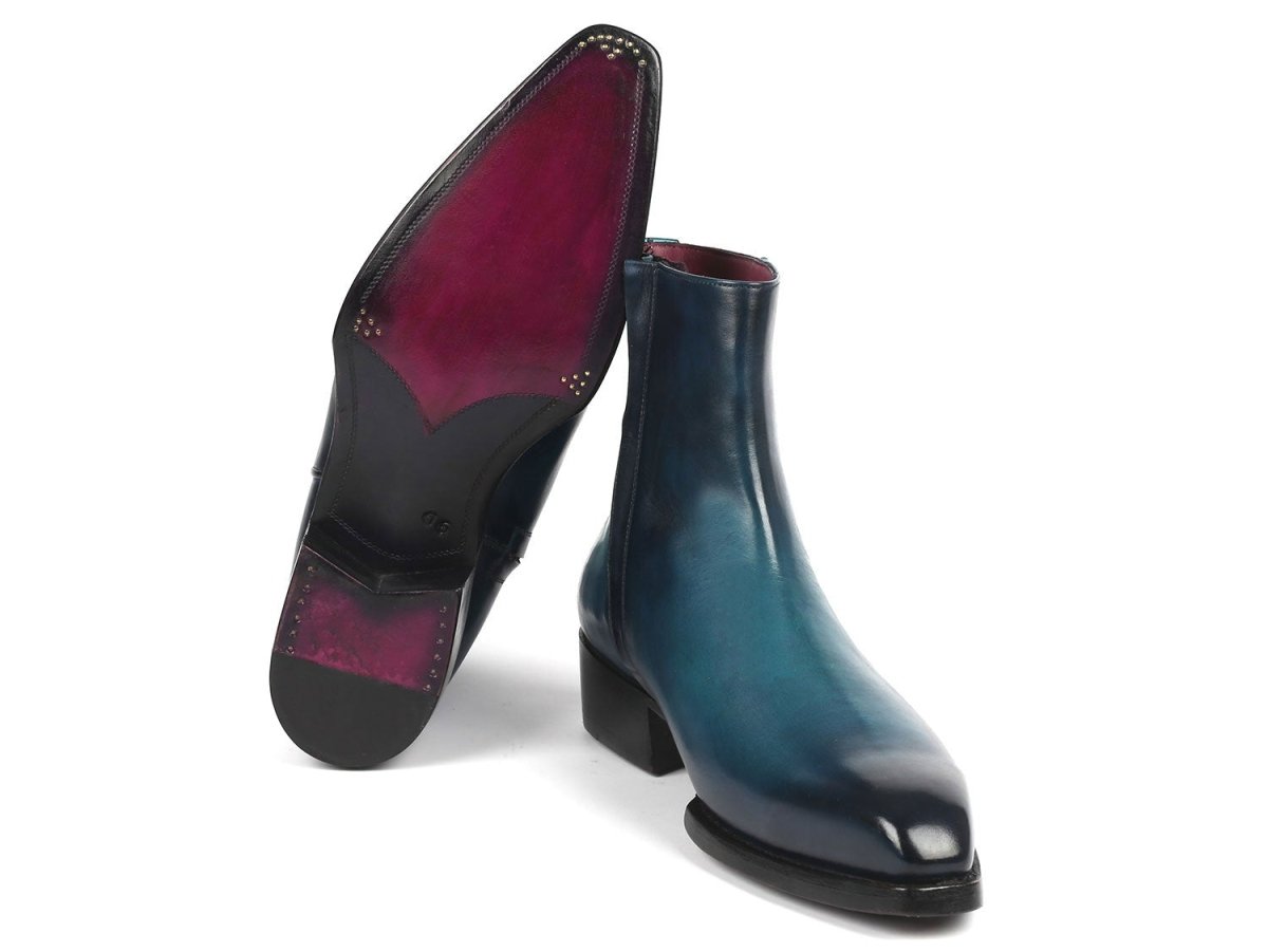 Paul Parkman Blue Burnished Side Zipper Boots Goodyear Welted (IDBT3955 BLU)