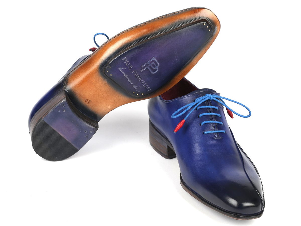 Paul Parkman Blue Leather Oxford Shoes Side Hand Sewn (ID018 BLU)