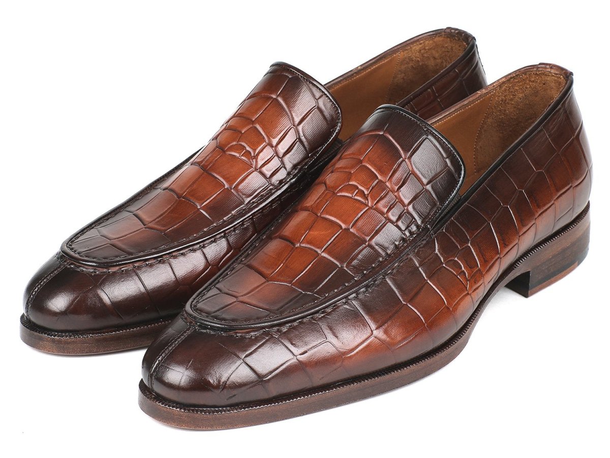 Paul Parkman Brown Burnished Crocodile Embossed Calfskin Loafer (ID7339 - BRW)