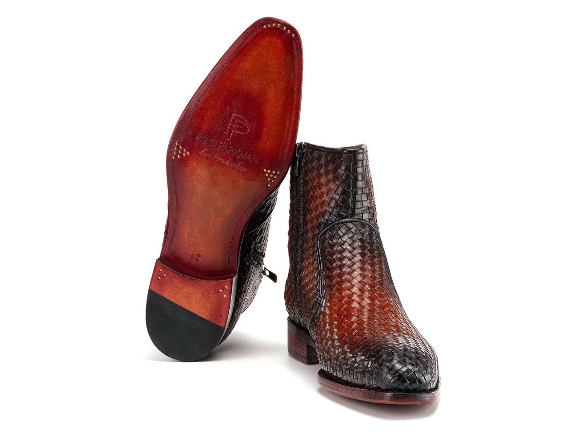 Paul Parkman Brown Burnished Woven Leather Zipper Boots (IDBT269BRW)