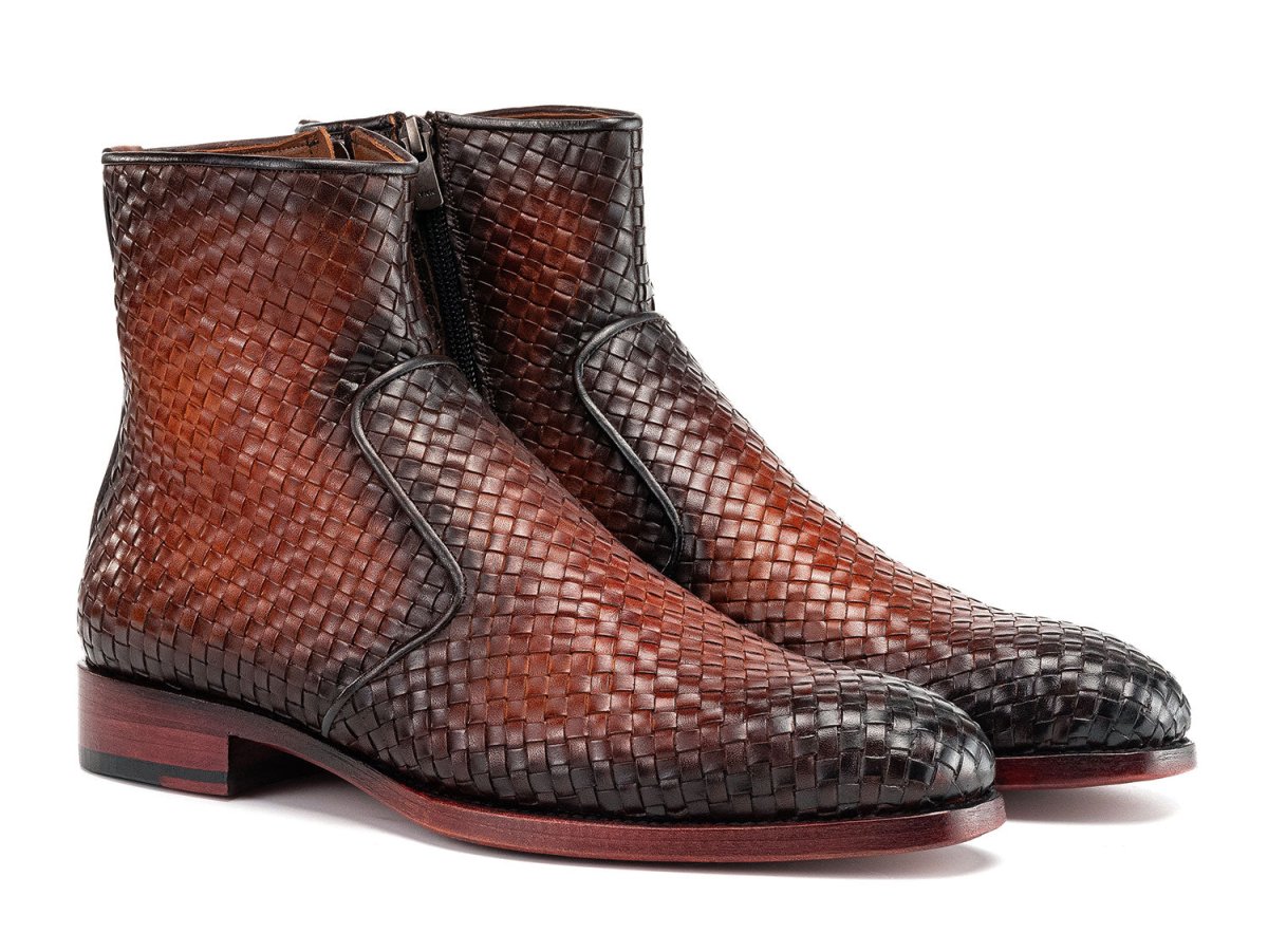 Paul Parkman Brown Burnished Woven Leather Zipper Boots (IDBT269BRW)
