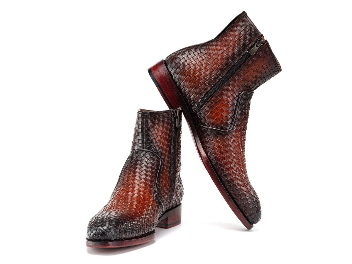 Paul Parkman Brown Burnished Woven Leather Zipper Boots (IDBT269BRW)