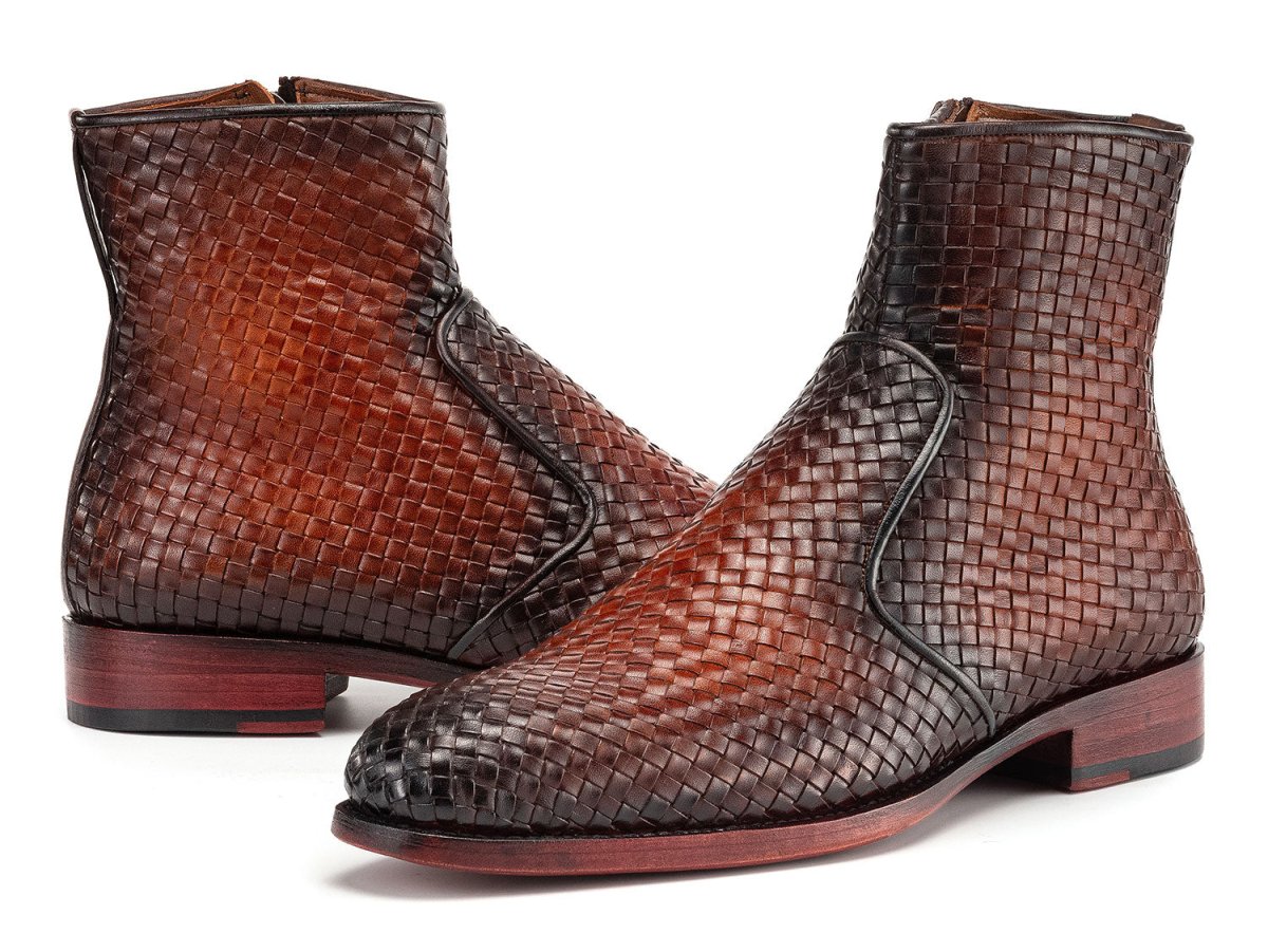 Paul Parkman Brown Burnished Woven Leather Zipper Boots (IDBT269BRW)