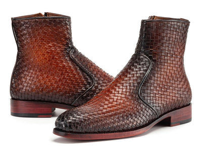 Paul Parkman Brown Burnished Woven Leather Zipper Boots (IDBT269BRW)