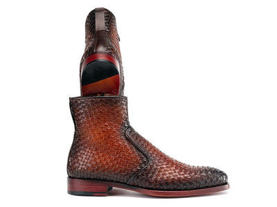 Paul Parkman Brown Burnished Woven Leather Zipper Boots (IDBT269BRW)