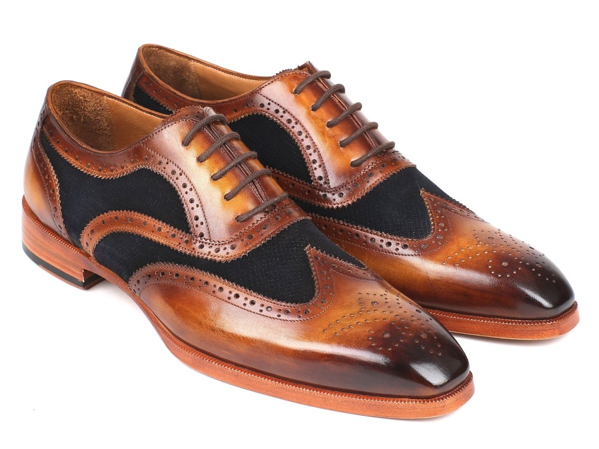 Paul Parkman Brown Leather and Navy Suede Wingtip Oxfords (ID228NV65)
