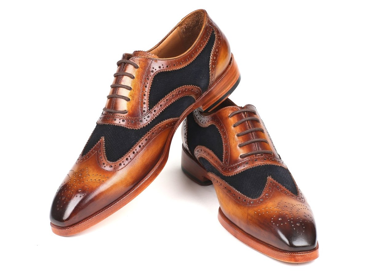 Paul Parkman Brown Leather and Navy Suede Wingtip Oxfords (ID228NV65)