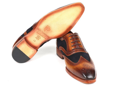Paul Parkman Brown Leather and Navy Suede Wingtip Oxfords (ID228NV65)
