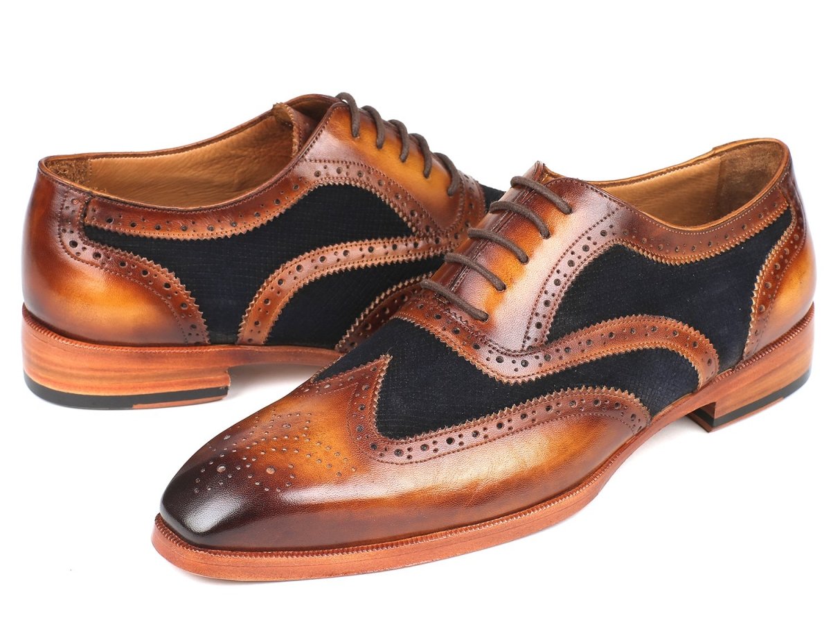 Paul Parkman Brown Leather and Navy Suede Wingtip Oxfords (ID228NV65)