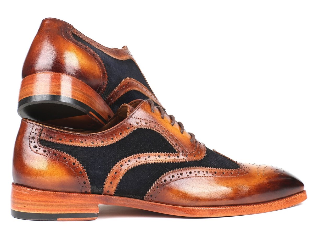 Paul Parkman Brown Leather and Navy Suede Wingtip Oxfords (ID228NV65)