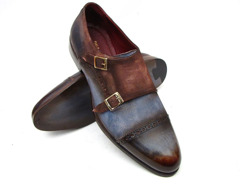 Paul Parkman Captoe Double Monkstrap Antique Blue and Brown Suede (ID045AN14)