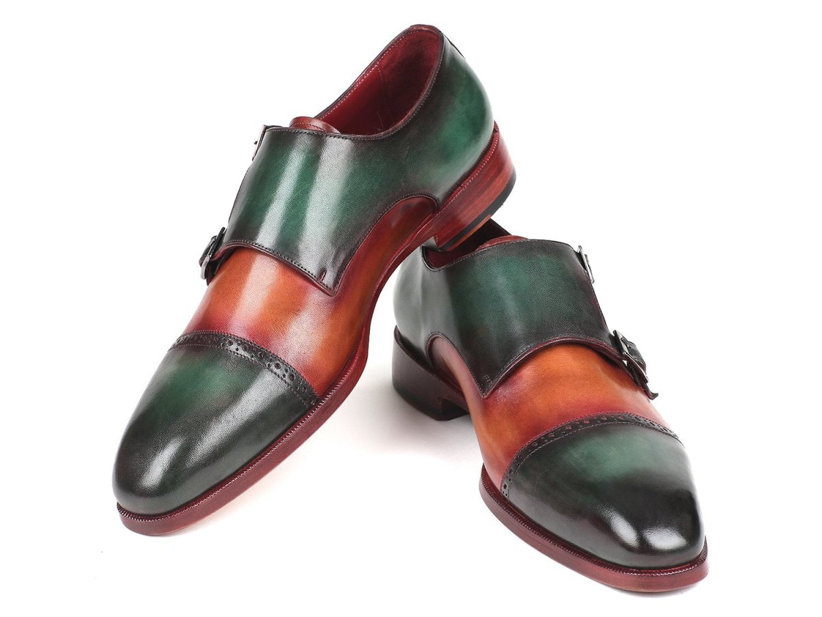 Paul Parkman Captoe Double Monkstraps in Green Camel