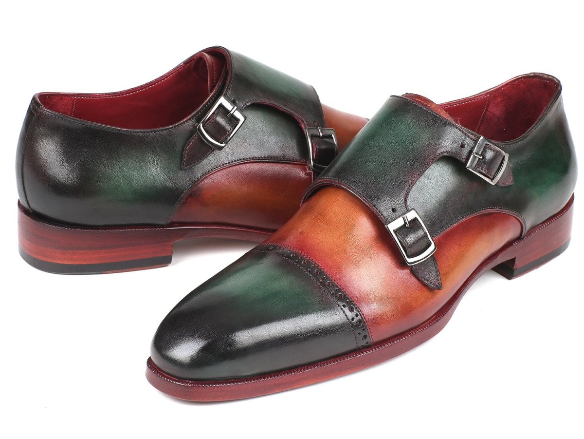 Paul Parkman Captoe Double Monkstraps in Green Camel