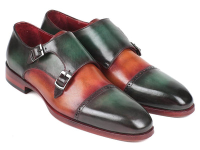 Paul Parkman Captoe Double Monkstraps in Green Camel
