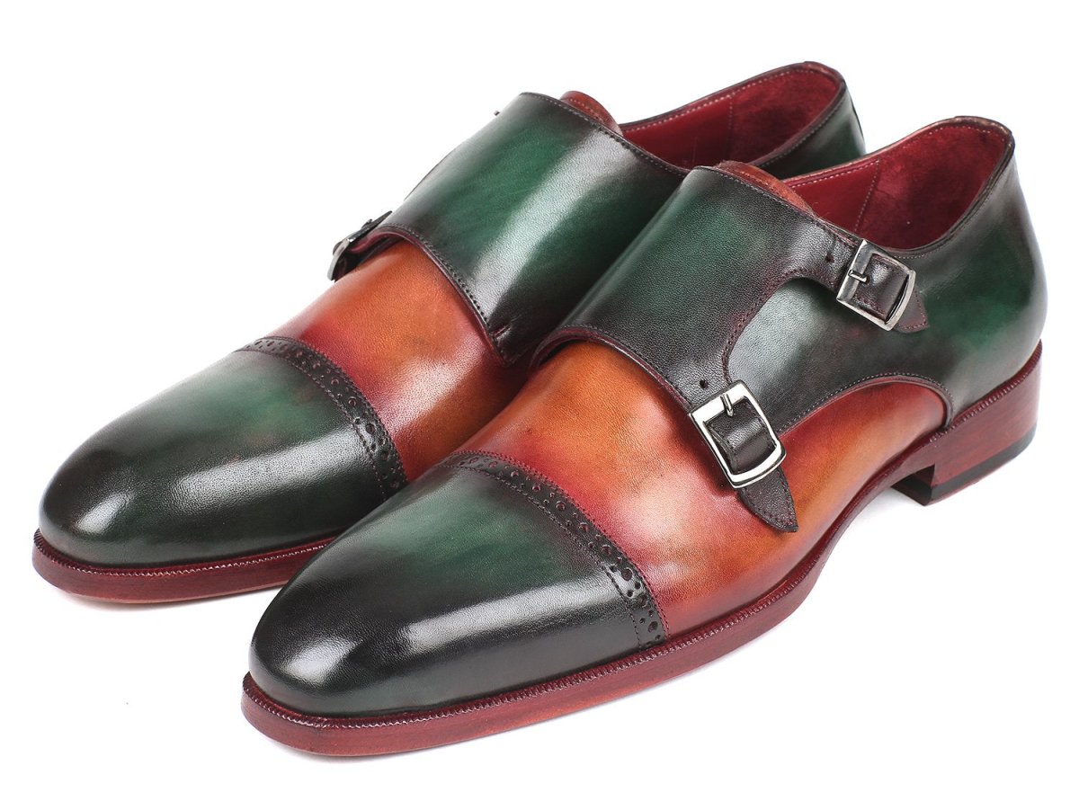 Paul Parkman Captoe Double Monkstraps in Green Camel