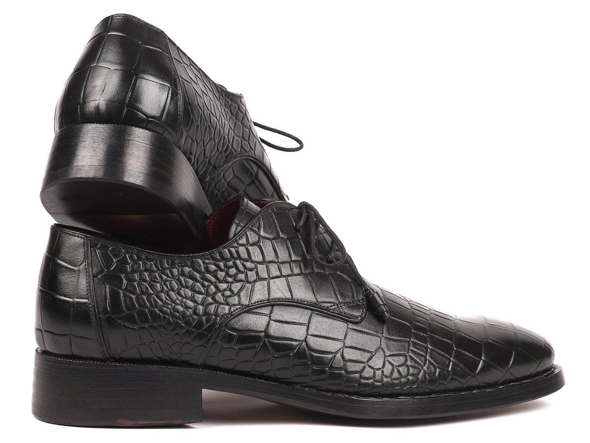 Paul Parkman Croco Embossed Calfskin Goodyear Welted Derby Shoes in Black