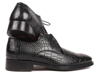 Paul Parkman Croco Embossed Calfskin Goodyear Welted Derby Shoes in Black