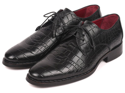 Paul Parkman Croco Embossed Calfskin Goodyear Welted Derby Shoes in Black