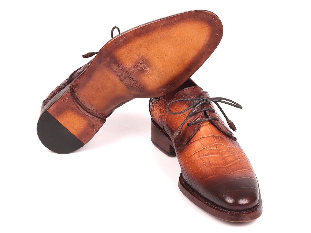 Paul Parkman Croco Embossed Calfskin Goodyear Welted Derby Shoes in Brown