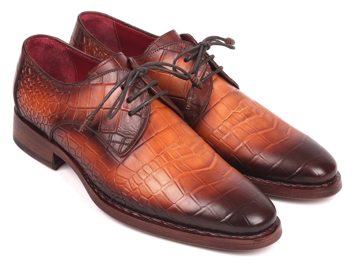 Paul Parkman Croco Embossed Calfskin Goodyear Welted Derby Shoes in Brown