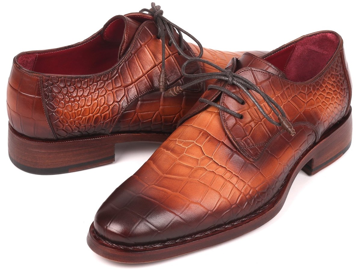 Paul Parkman Croco Embossed Calfskin Goodyear Welted Derby Shoes in Brown