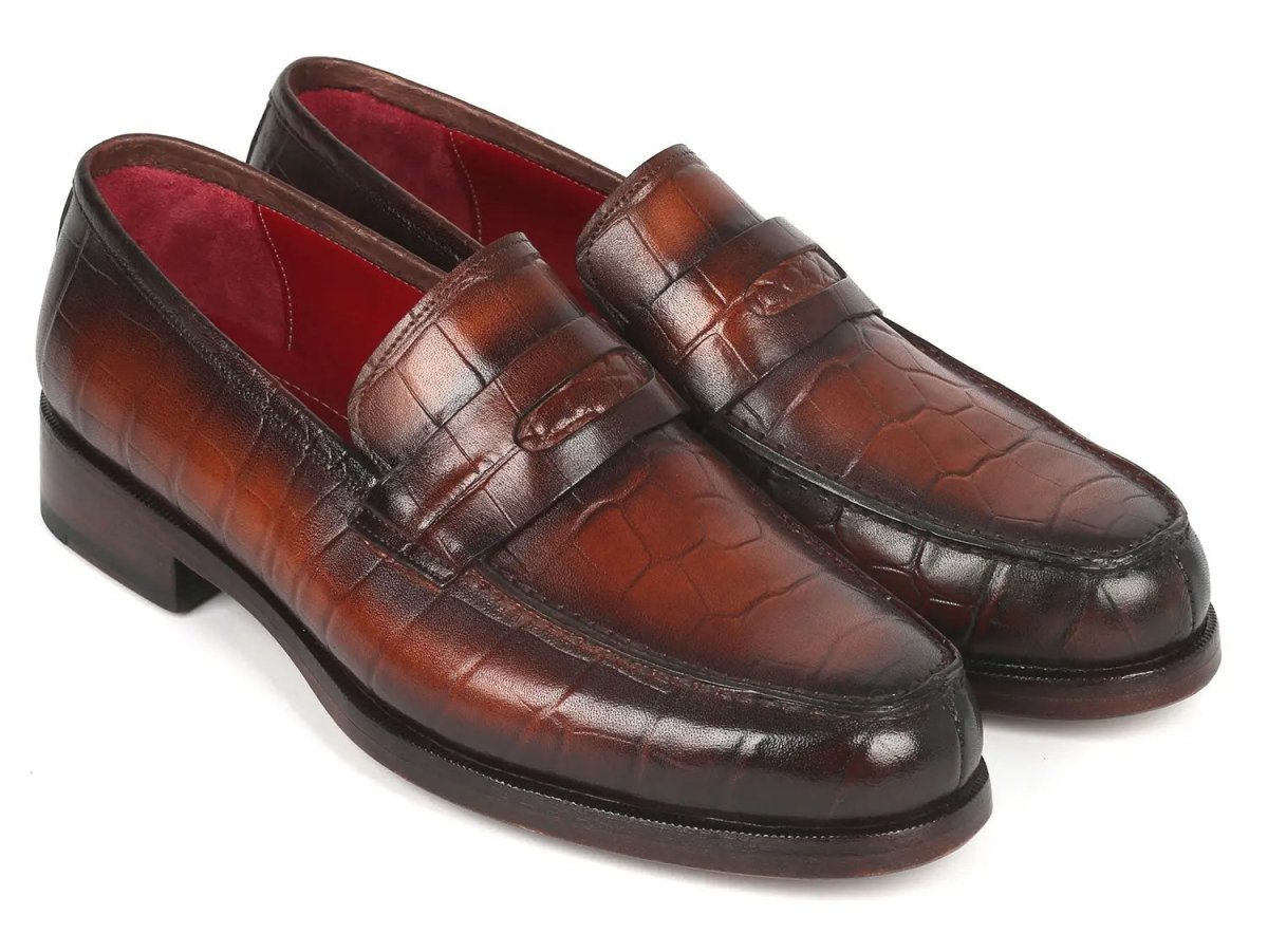 Paul Parkman Croco Embossed Calfskin Penny Loafers in Brown