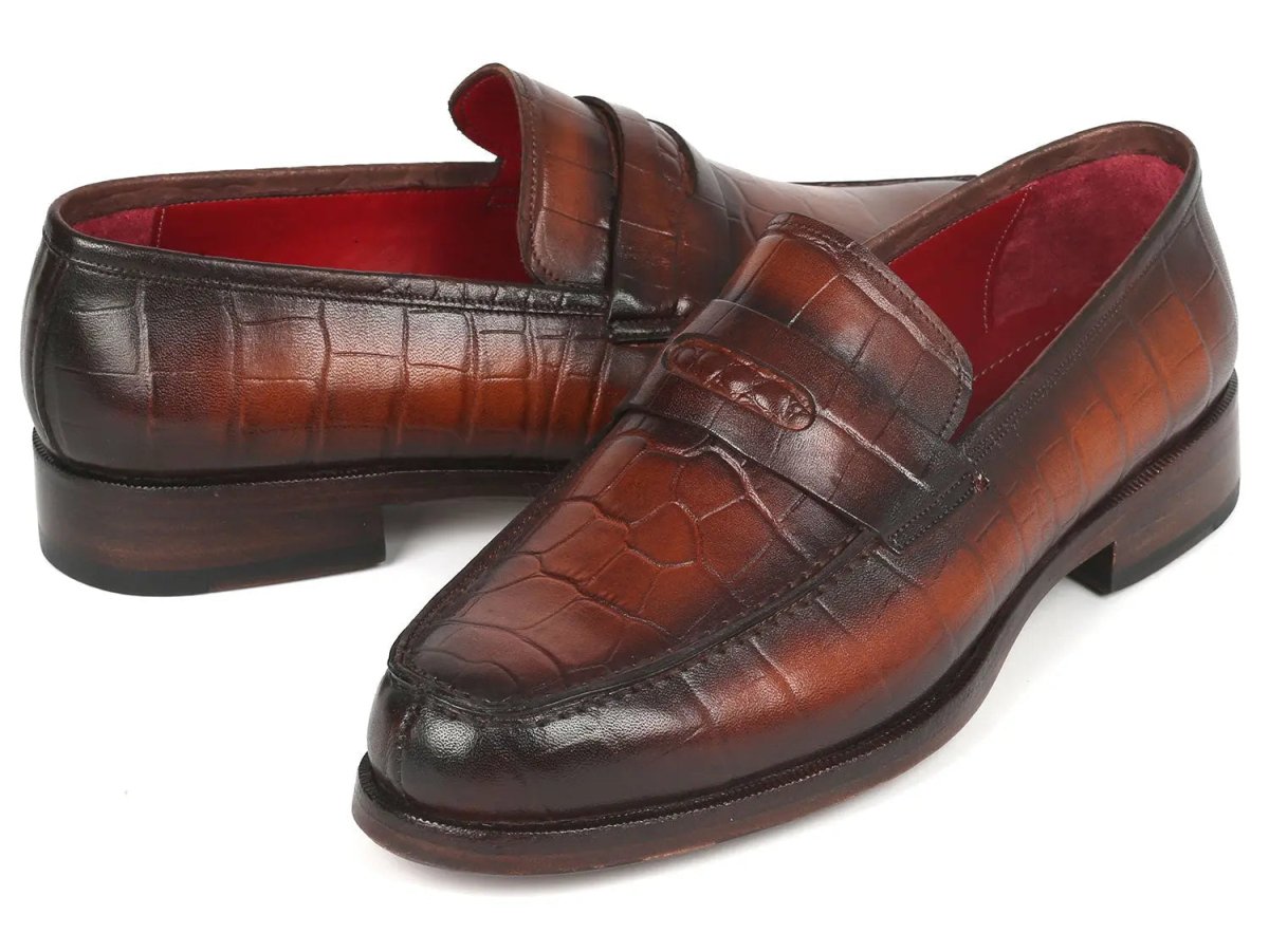 Paul Parkman Croco Embossed Calfskin Penny Loafers in Brown